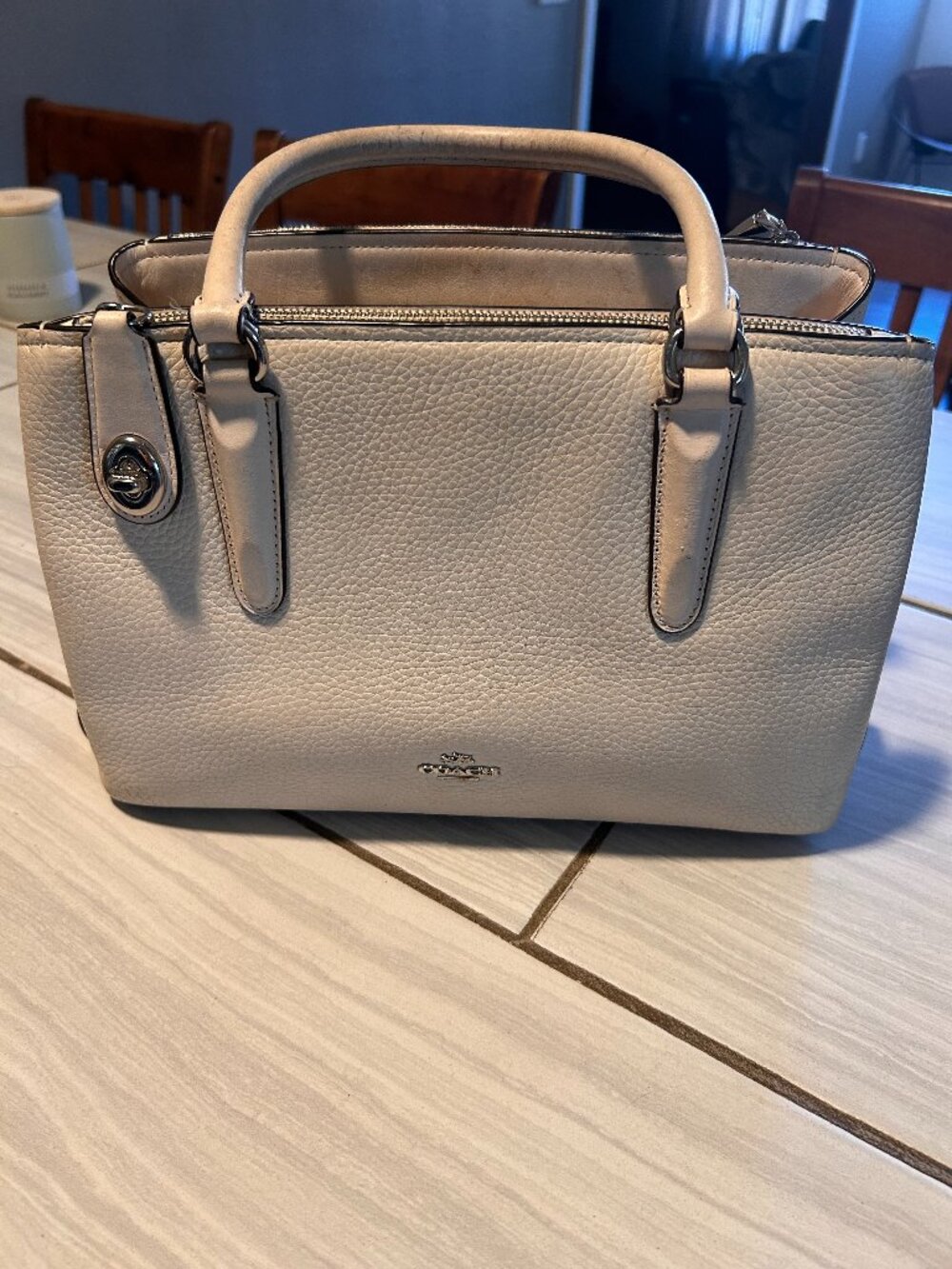 COACH Brooklyn Carryall 56839 Handbag Chalk White Pebble Leather 2Way Purse